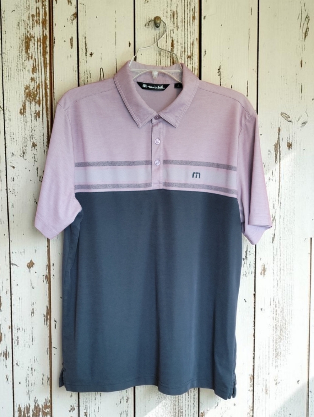 TravisMathew Last Minute Mens Polo Shirt L Large Pink Navy Colorblock Pima MINT